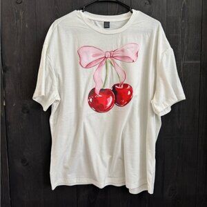 SHEIN White Tee with Cherry and Pink Bow Design